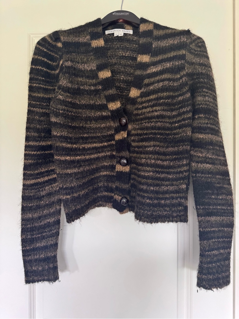 Veronica Beard Black and Tan Striped Cropped Cardigan